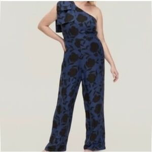 Kate Spade Floral One Shoulder Linen Blend Jumpsuit Navy/Black 20 NWT